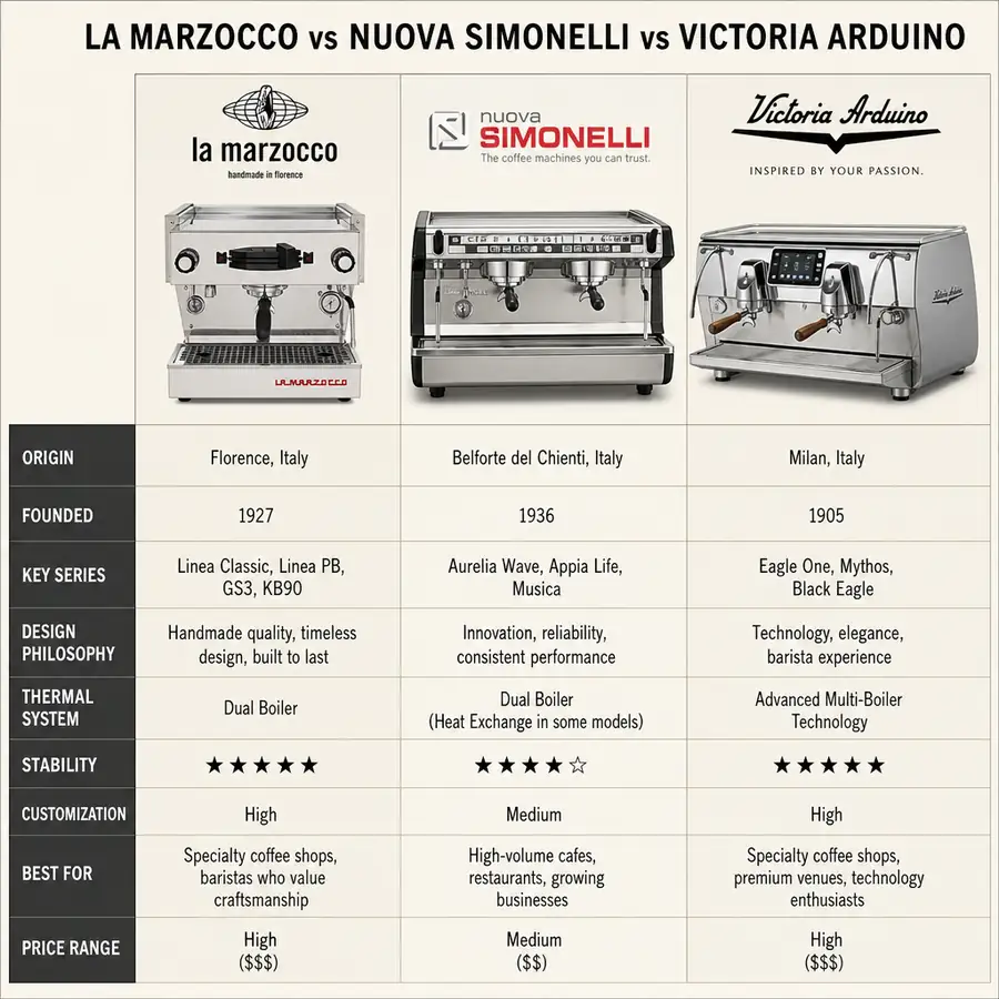 A side-by-side graphical comparison showing La Marzocco, Nuova Simonelli, and Victoria Arduino machines