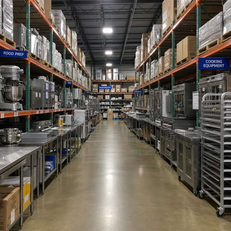 A massive warehouse aisle filled with commercial kitchen supplies and equipment