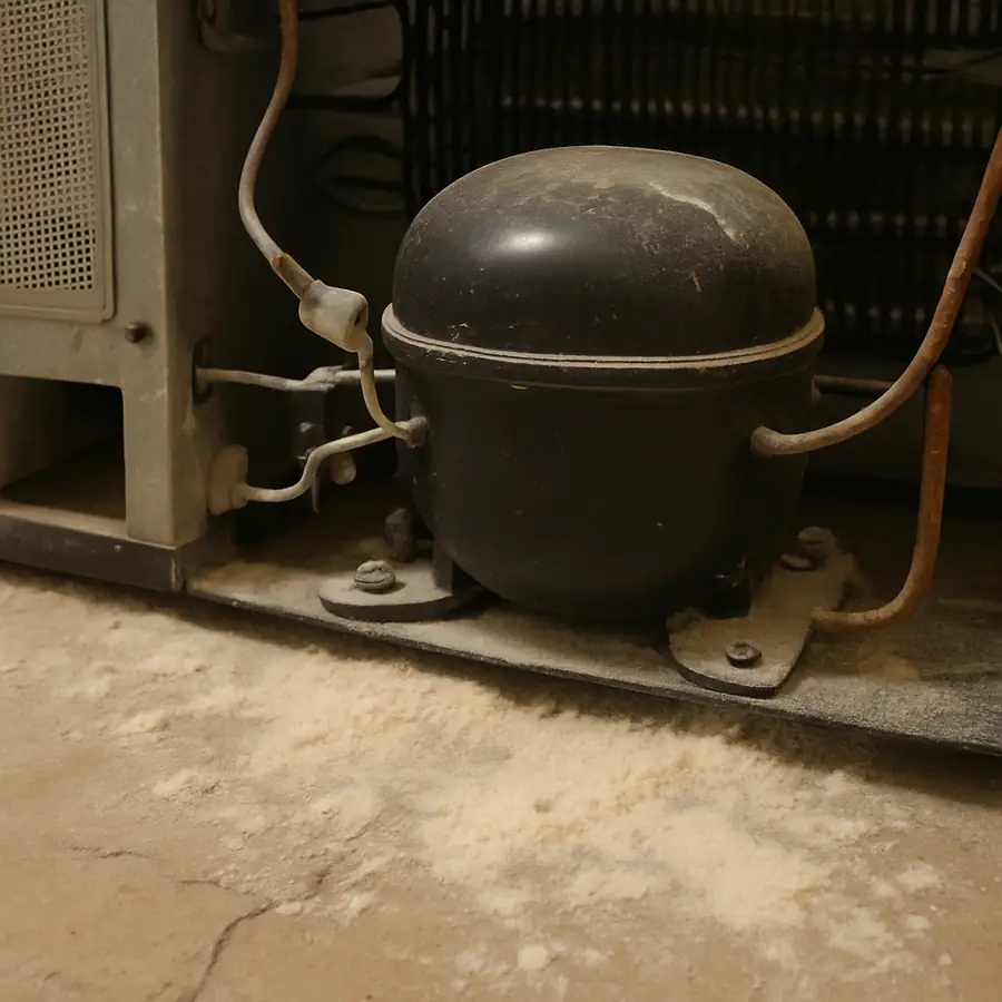 A close-up of a bottom-mount compressor showing how dust and flour accumulate near the floor.