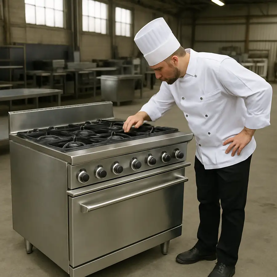 Chef inspecting a pristine used stainless steel commercial stove in a warehouse