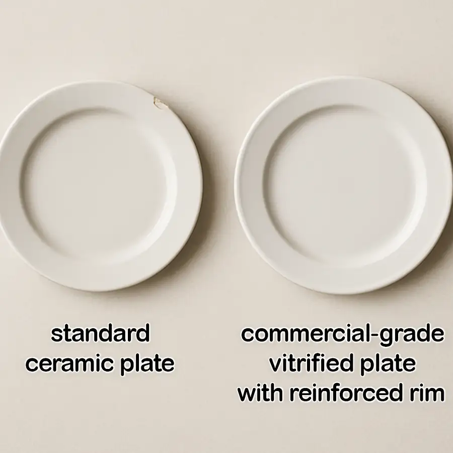 A side-by-side comparison of a standard ceramic plate with a visible chip and a commercial-grade vitrified plate with a reinforced rim.