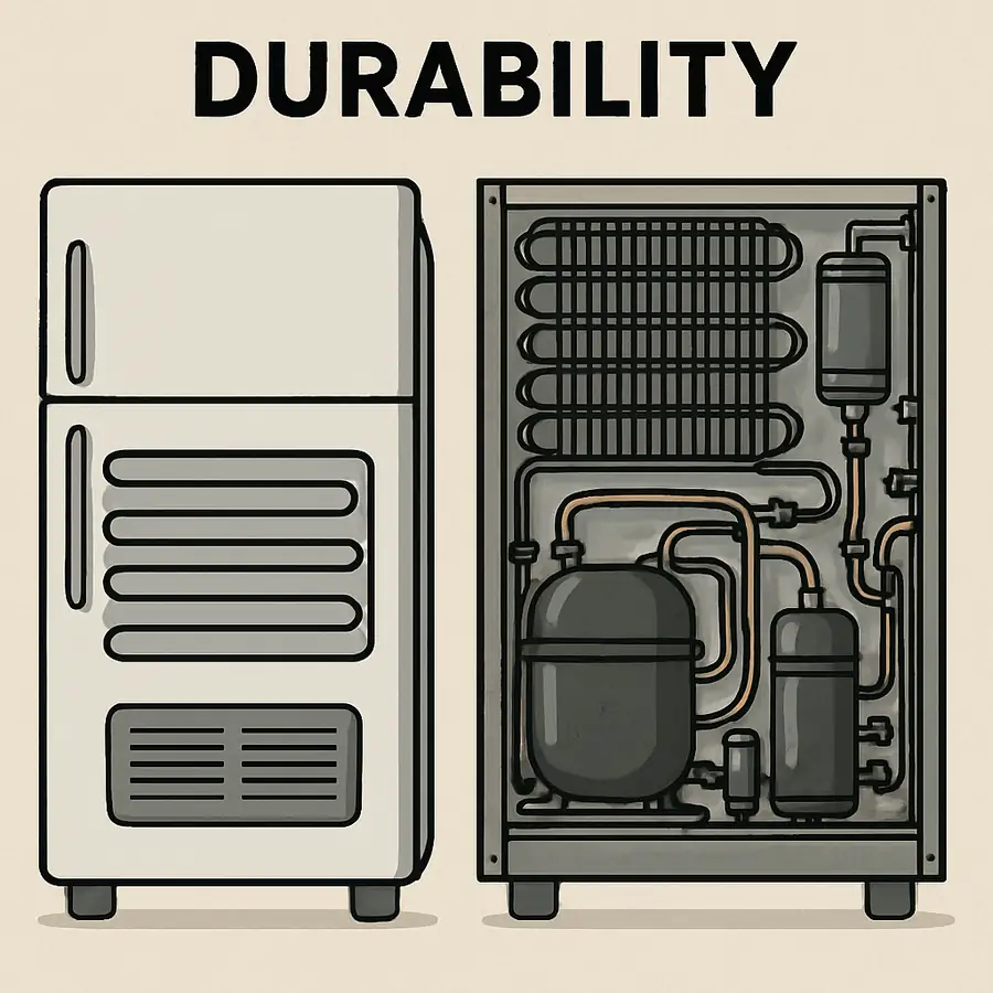 A split graphic showing the back of a simple home fridge versus the heavy-duty components of a commercial unit to illustrate the 'durability' gap.