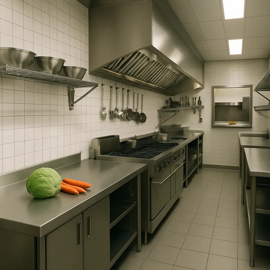A professional kitchen photo showing a clean, linear workflow from the prep station to the cooking line to the pass-through window.