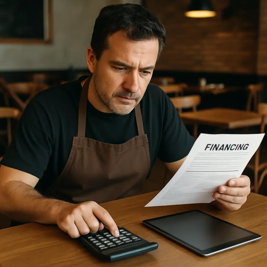 A restaurant owner reviewing financing paperwork at a table with a tablet and a calculator