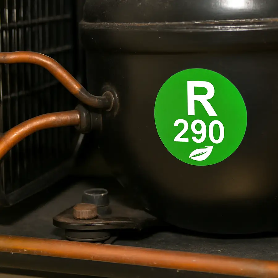 Close-up of a refrigeration compressor and coils with an eco-friendly R290 green sticker visible