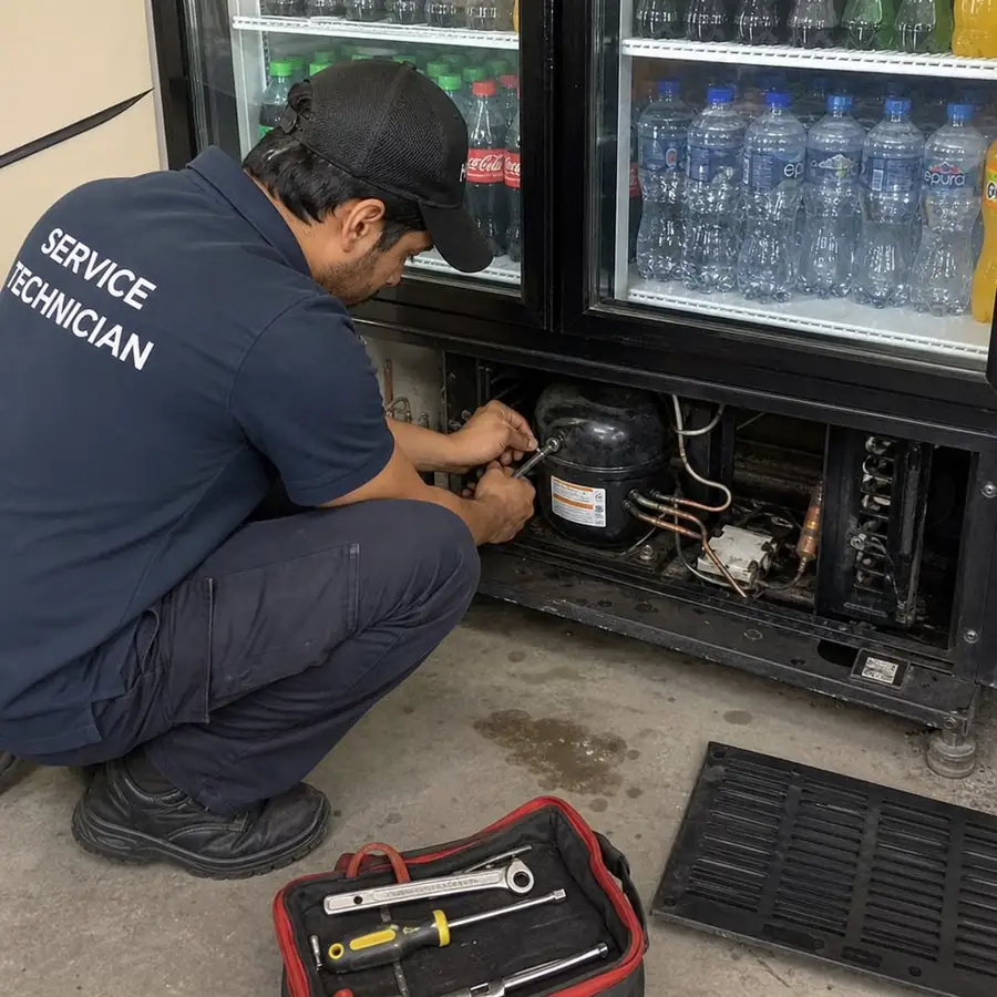 Service technician repairing the compressor of a commercial cooler