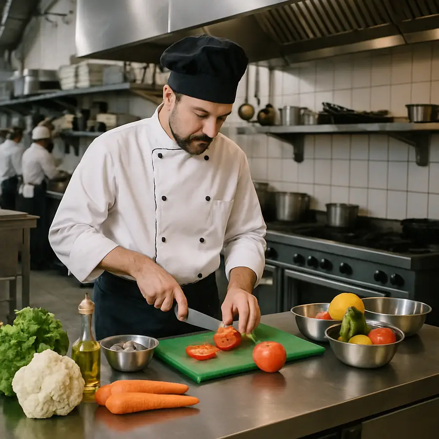 Chef preparing ingredients on a stainless steel 48-inch worktop refrigerator in a bustling commercial kitchen