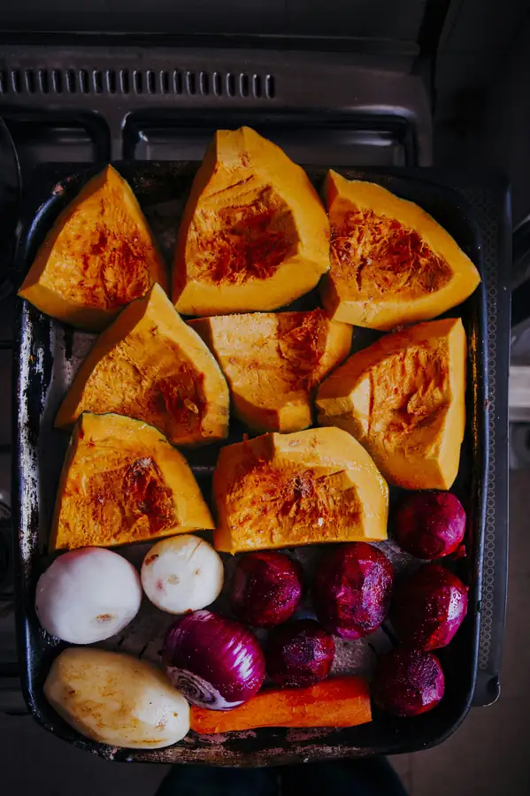 A tray of perfectly roasted vegetables in a convection oven