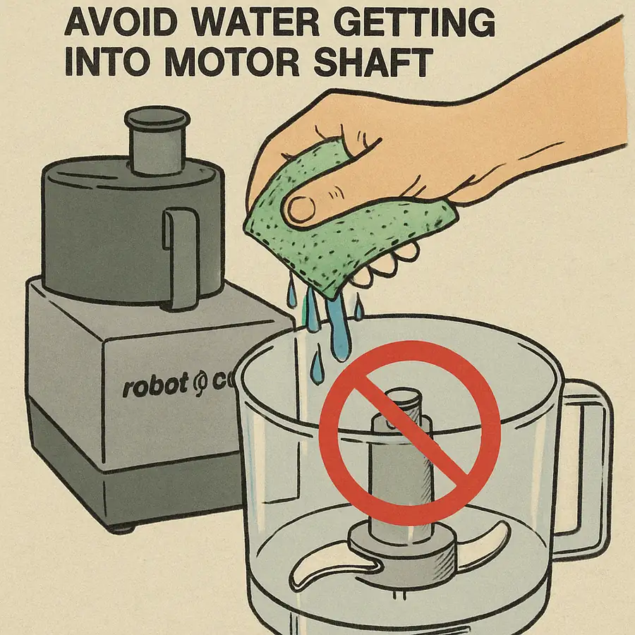 An image demonstrating the correct way to clean the bowl and blade area of a Robot Coupe, showing how to avoid water getting into the motor shaft.