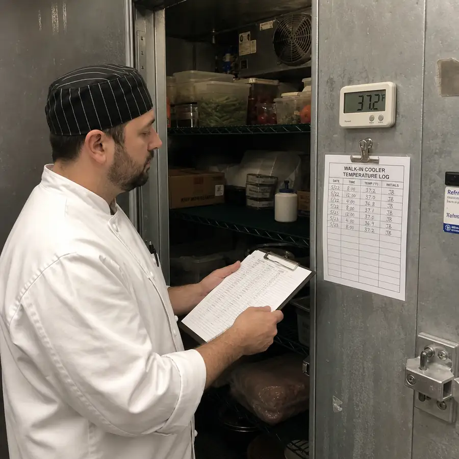 Chef checking a commercial walk-in cooler temperature log