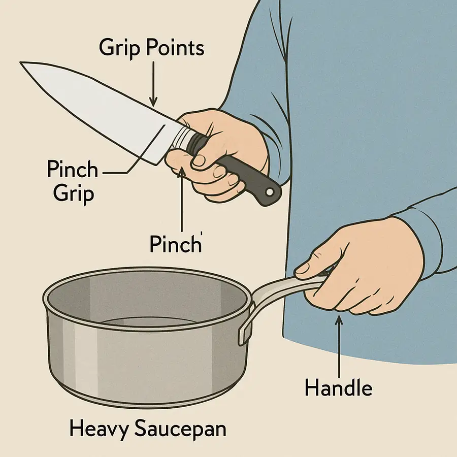 A person holding a chef's knife and a heavy saucepan, highlighting the grip points and the 'pinch grip' for the knife.