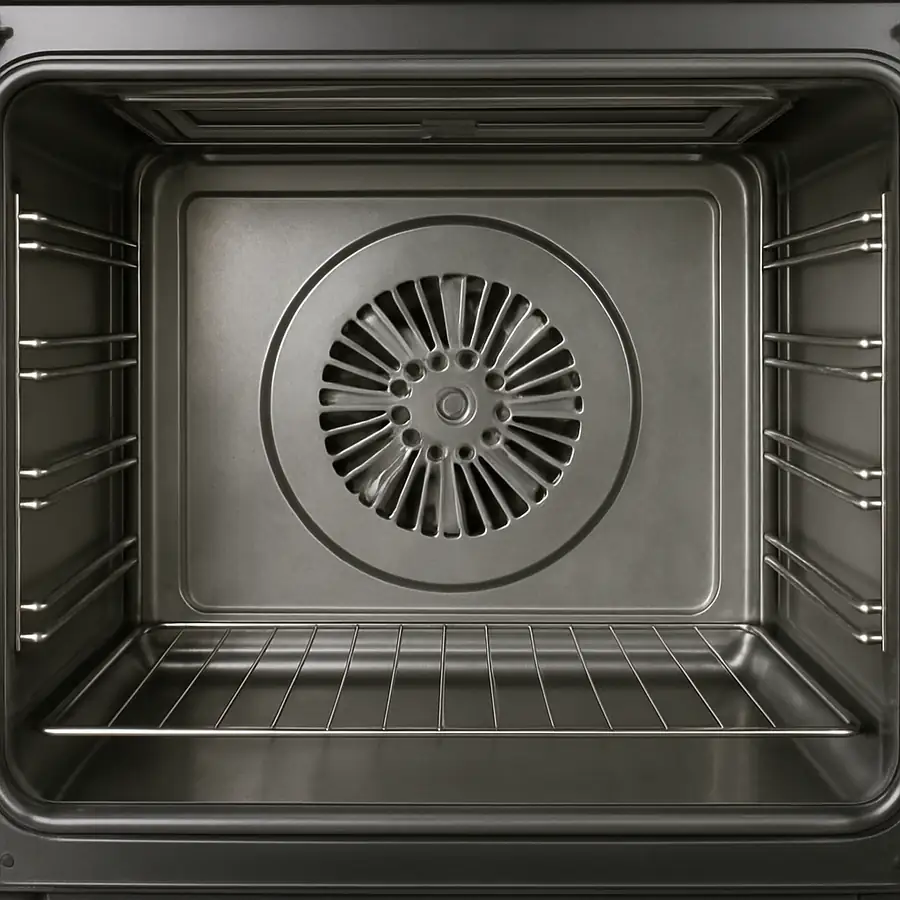 A clean, stainless steel oven interior with a large central fan and visible metal baffles on the sides.