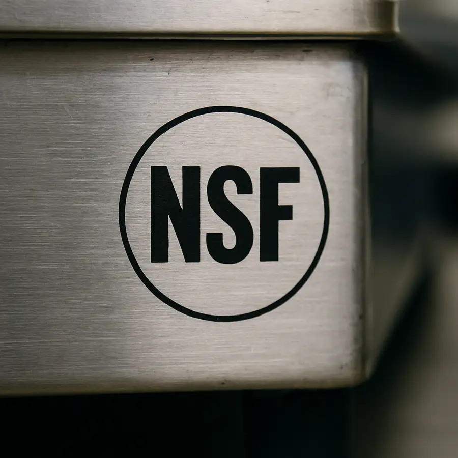 A close-up photograph of an NSF certification mark on the side of a stainless steel commercial appliance.