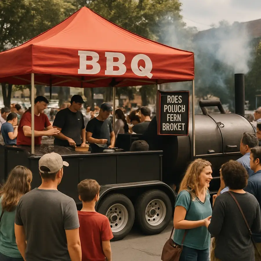 A busy BBQ business with a mobile smoker trailer, attracting a crowd