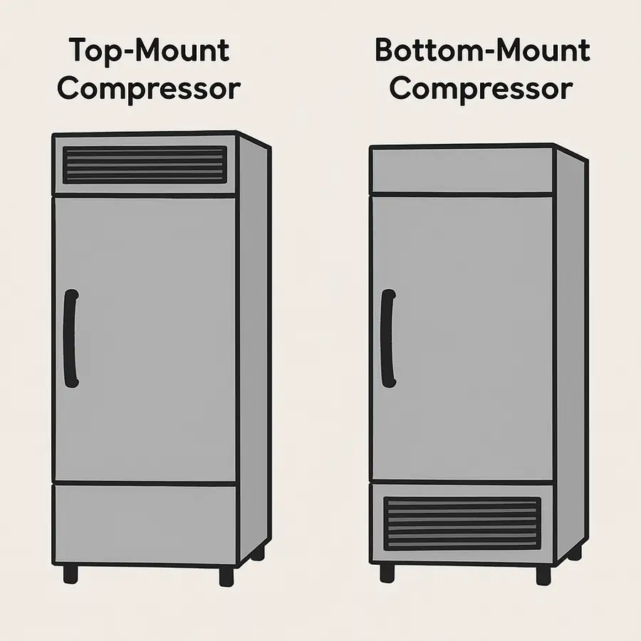 A simple side-by-side illustration showing two identical reach-in refrigerators. One has a grille at the very top labeled "Top-Mount Compressor," and the other has a grille at the very bottom labeled "Bottom-Mount Compressor."