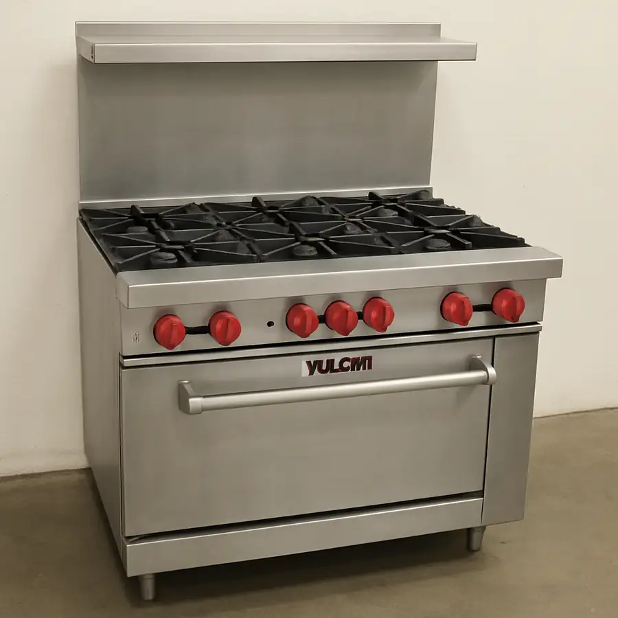 A six-burner Vulcan commercial range, made of stainless steel, with heavy-duty cast-iron grates and large, robust knobs