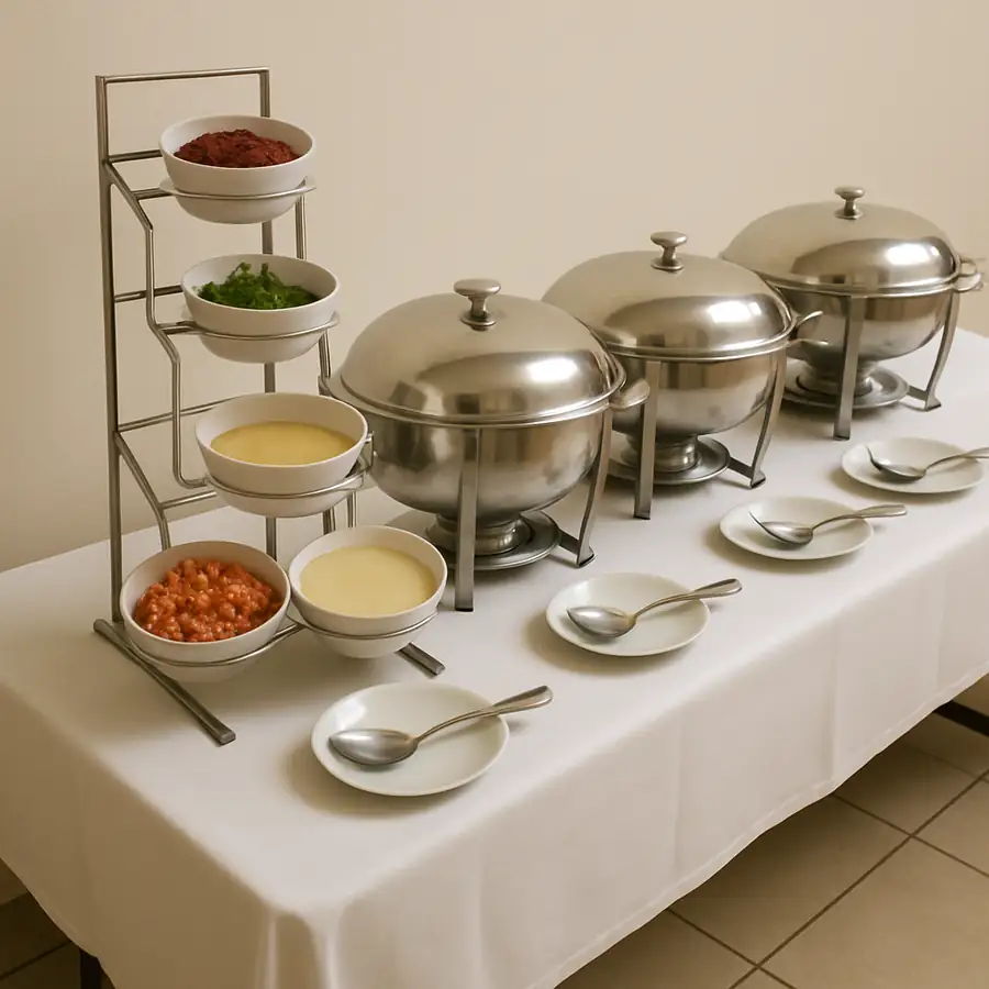 A professional buffet setup showing tiered condiment holders and lidded serving dishes arranged for maximum flow.