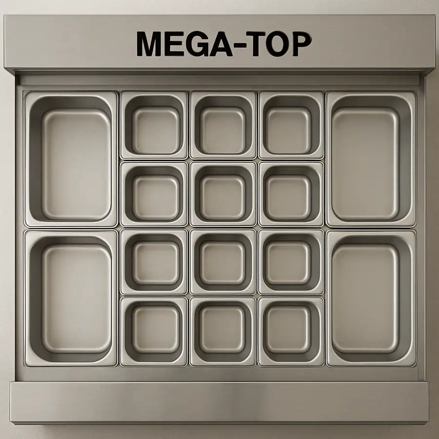 A top-down view of a mega-top prep table showing the different sections for food pans.