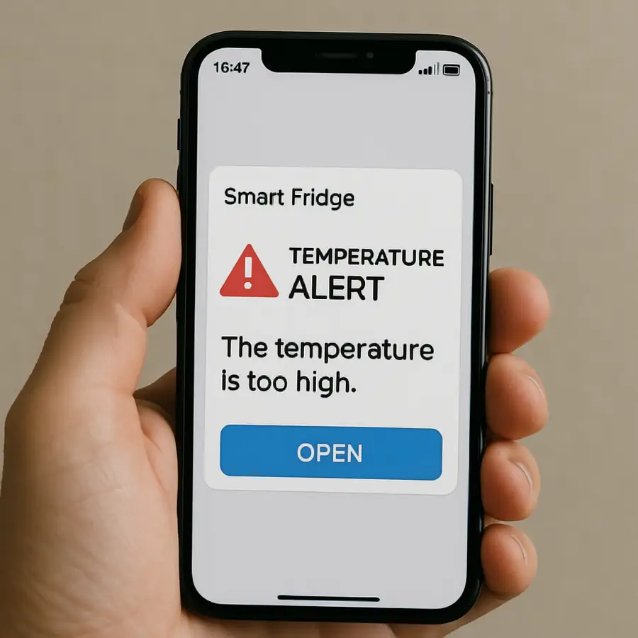 A hand holding a smartphone showing a temperature alert notification from a 'Smart Fridge' app.
