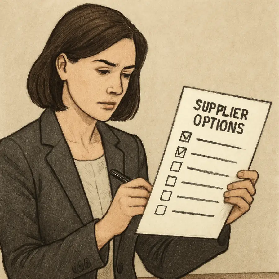 A businesswoman reviewing a list of supplier options