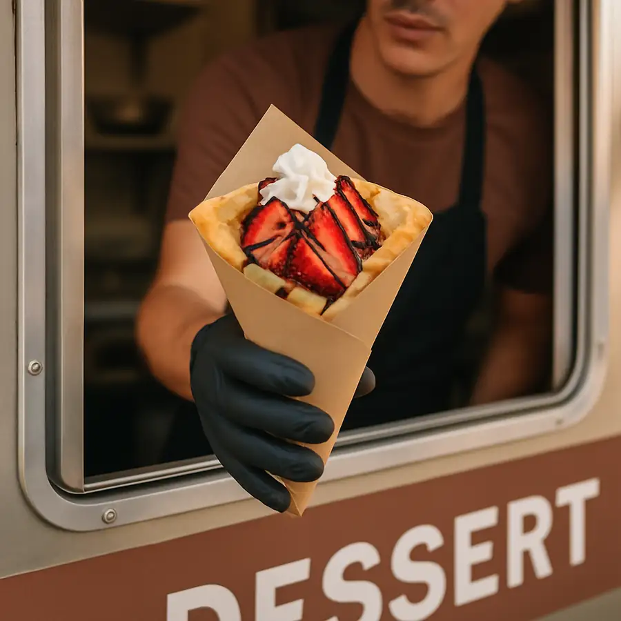 A close-up of a worker handing a gourmet crepe out of a dessert trailer window