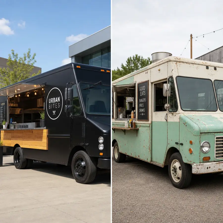 A split screen showing a brand new modern food truck next to a slightly worn vintage food truck