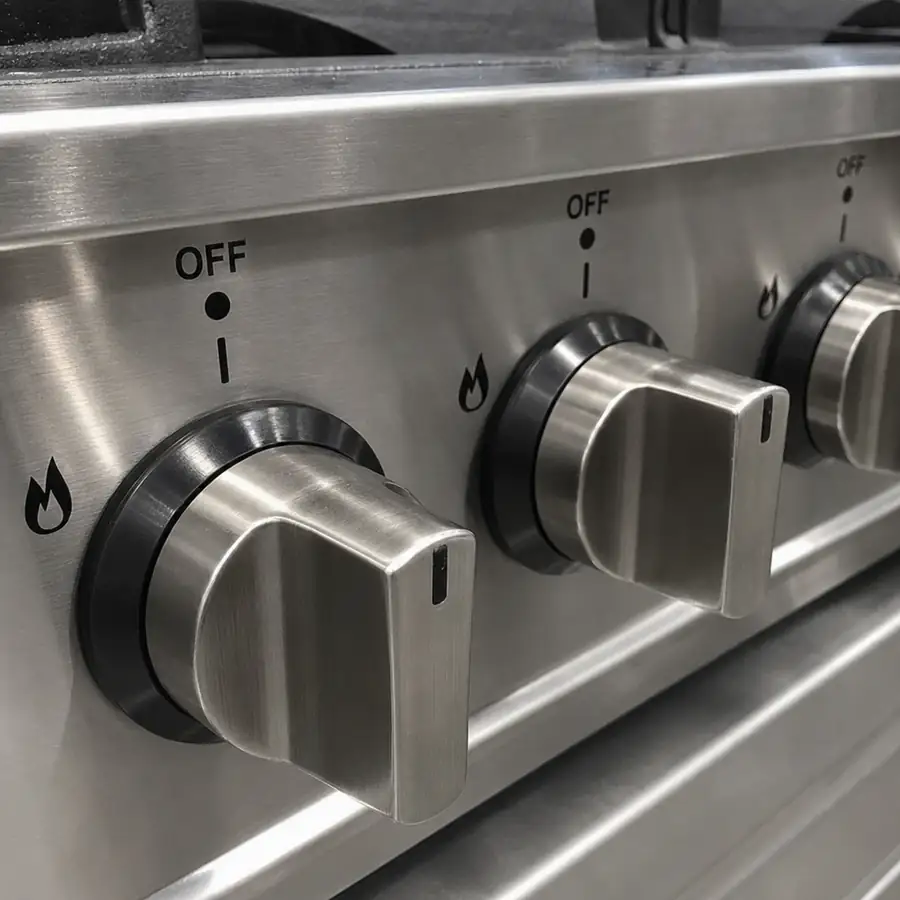 Close up of heavy-duty stainless steel commercial range knobs