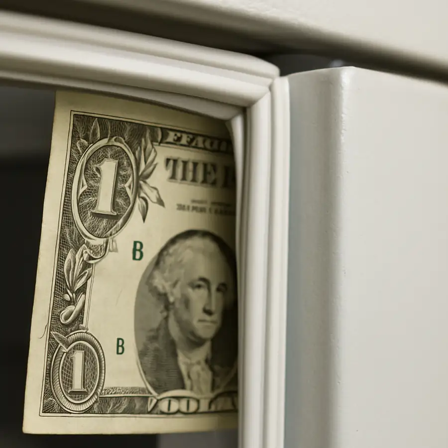 A close-up of a refrigerator door gasket being tested with a dollar bill to show a tight seal.