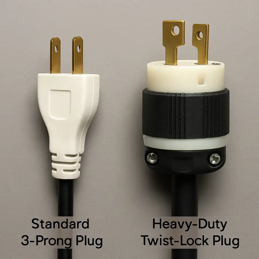 A side-by-side comparison of a standard household 3-prong plug and a heavy-duty commercial twist-lock plug.