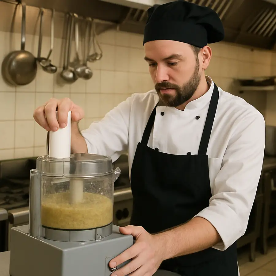 Chef using a commercial food processor in a restaurant kitchen