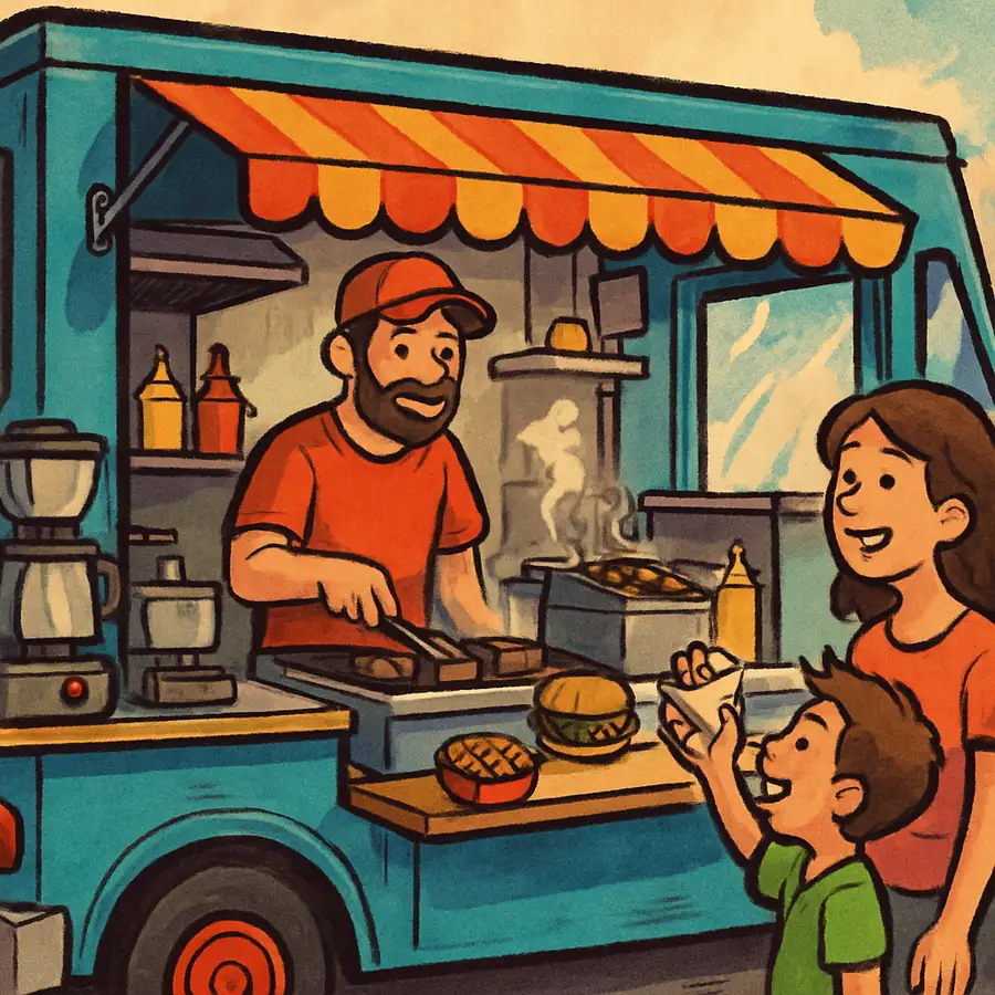 A vibrant food truck bustling with activity, showcasing essential equipment