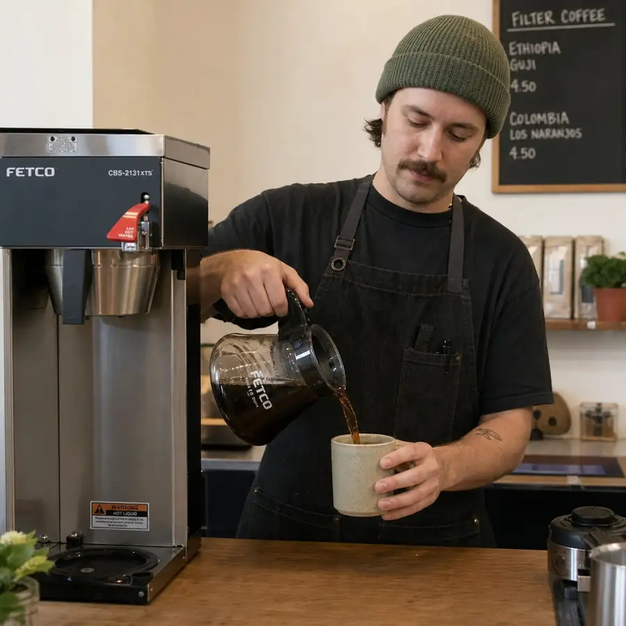 Barista pouring freshly brewed filter coffee from a high-output batch brewer into a ceramic mug