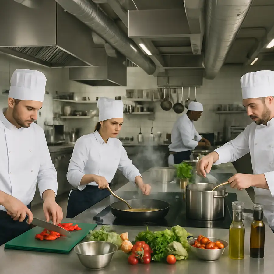 A modern commercial kitchen with chefs working efficiently