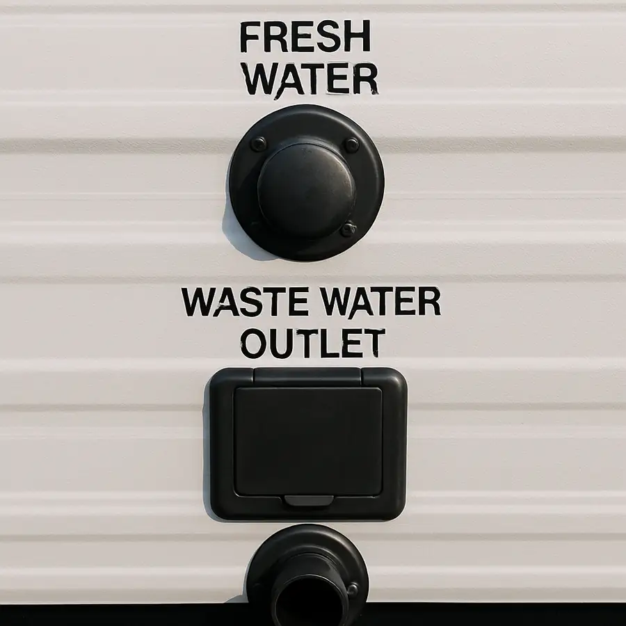 A clear photo of a trailer's external utility port showing the fresh water inlet and the waste water outlet properly labeled.
