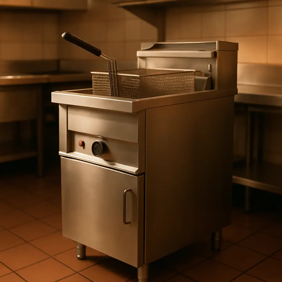 A clean, stainless steel commercial gas fryer in a professional kitchen setting with a warm, inviting glow.