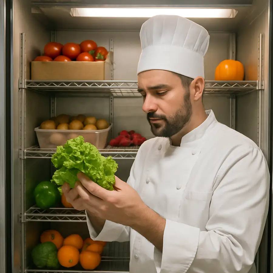 Chef inspecting fresh produce inside a brightly lit stainless steel commercial refrigerator