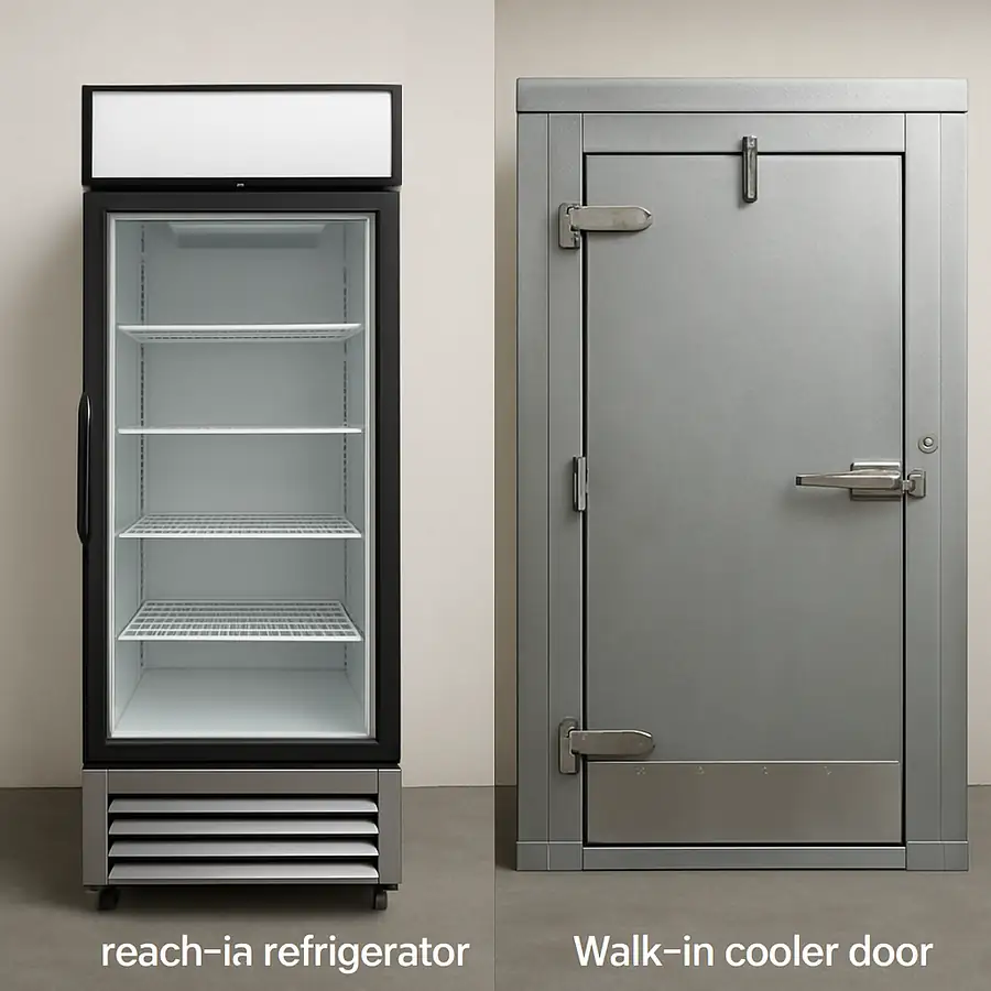 A side-by-side visual of a standard reach-in refrigerator and a walk-in cooler door to show scale.