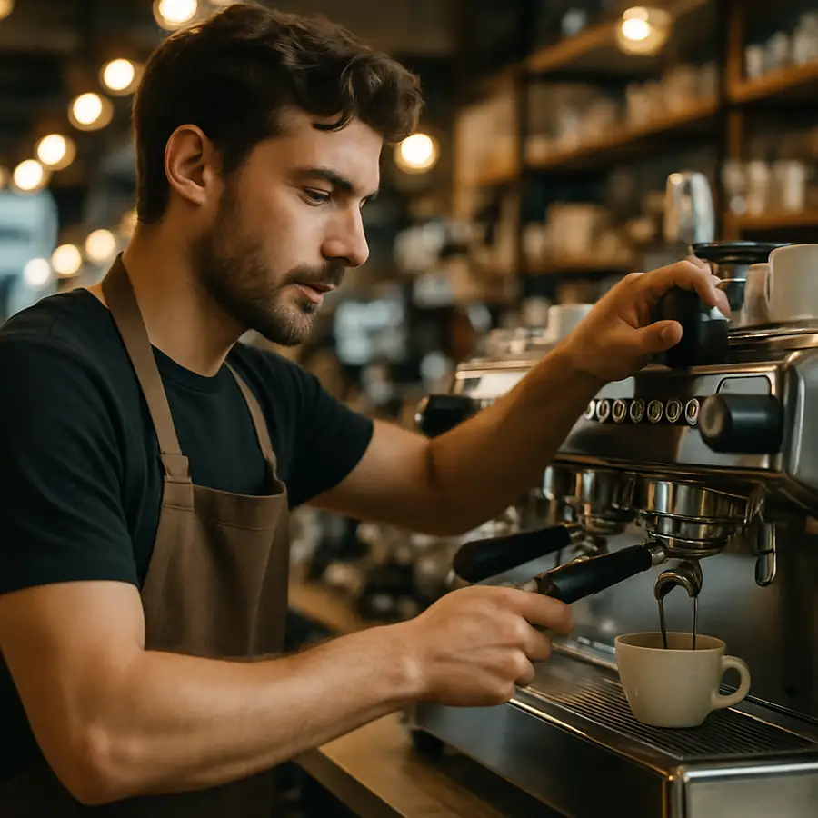 A barista expertly operating a modern commercial espresso machine in a bustling cafe