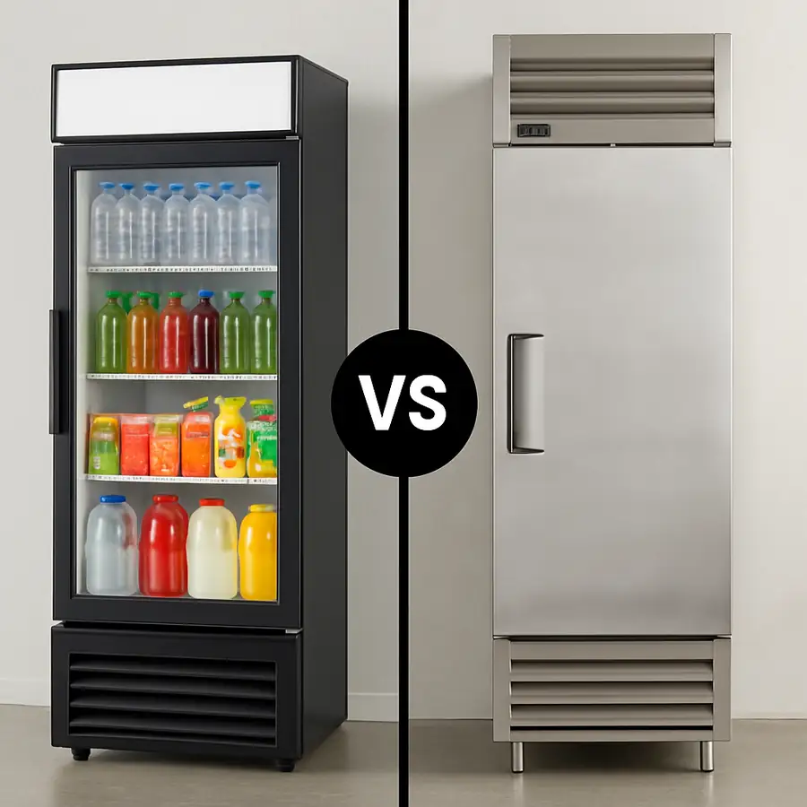 A split-screen comparison showing a glass door merchandiser next to a solid door stainless steel reach-in refrigerator