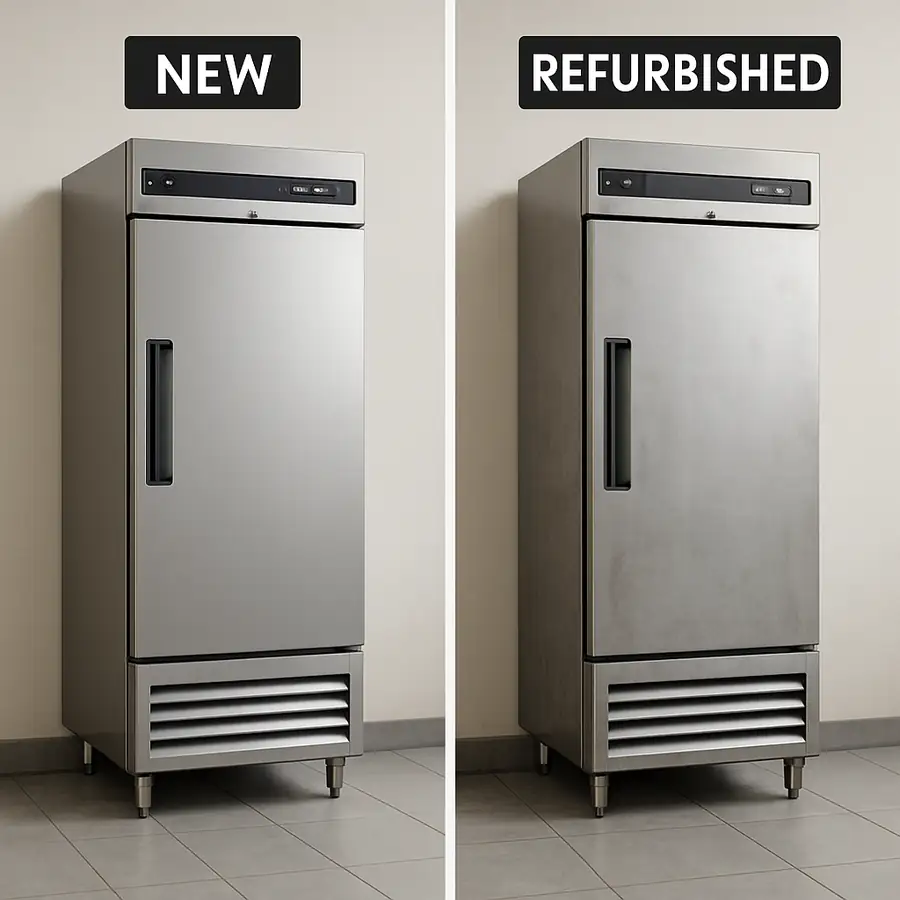 A side-by-side comparison of a pristine new commercial refrigerator and a well-maintained refurbished unit