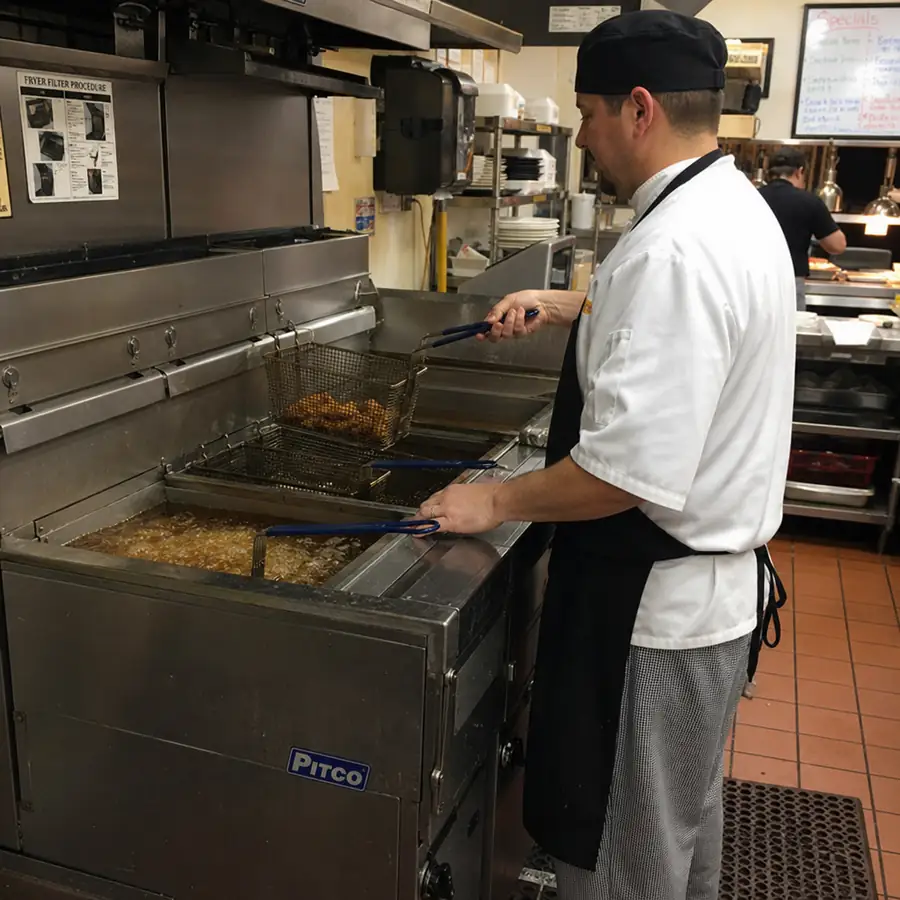 A chef using a heavy-duty Pitco commercial tube fryer in a busy restaurant kitchen