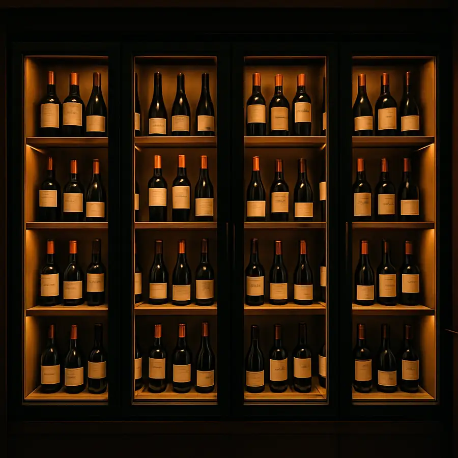 A high-end restaurant wine cooler with soft amber lighting showing organized bottles, emphasizing the aesthetic and functional appeal.