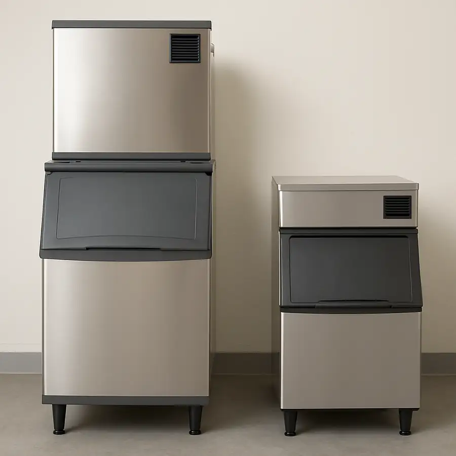 A side-by-side visual comparison of a modular ice machine on a large bin next to a compact undercounter unit.