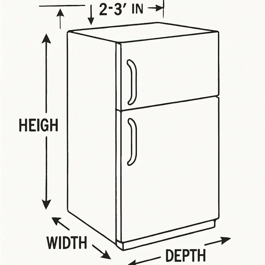 A simple line drawing showing a refrigerator with arrows indicating where to measure height, width, and depth, and showing a 2-3 inch gap for airflow around the unit