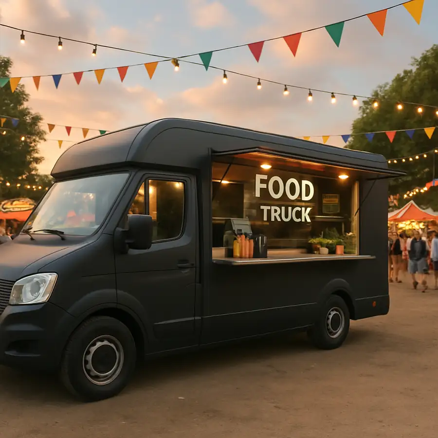A sleek, custom-designed food truck parked at a vibrant outdoor festival