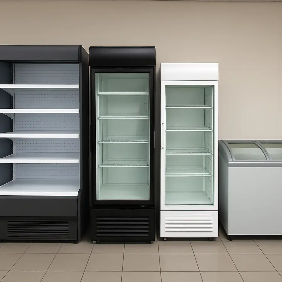 Different types of display refrigerators lined up in a commercial space