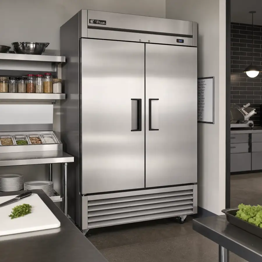 Stainless steel commercial reach-in refrigerator in a modern prep area