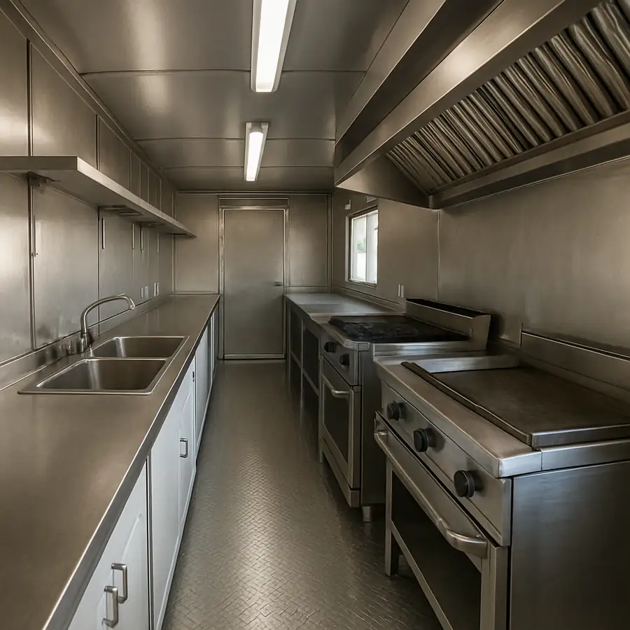 A wide-angle photo of a clean, stainless-steel food trailer interior showing a logical flow from the prep area to the service window.