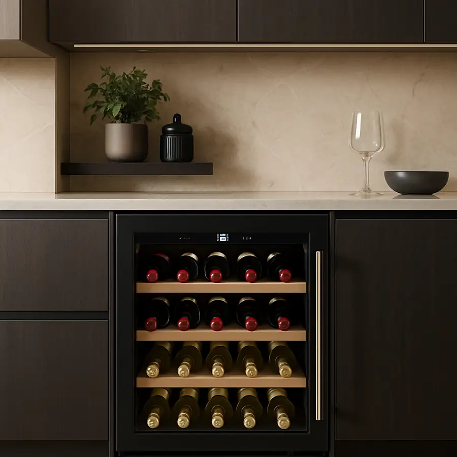 Modern elegant wine cooler filled with red and white wine bottles in a luxury kitchen