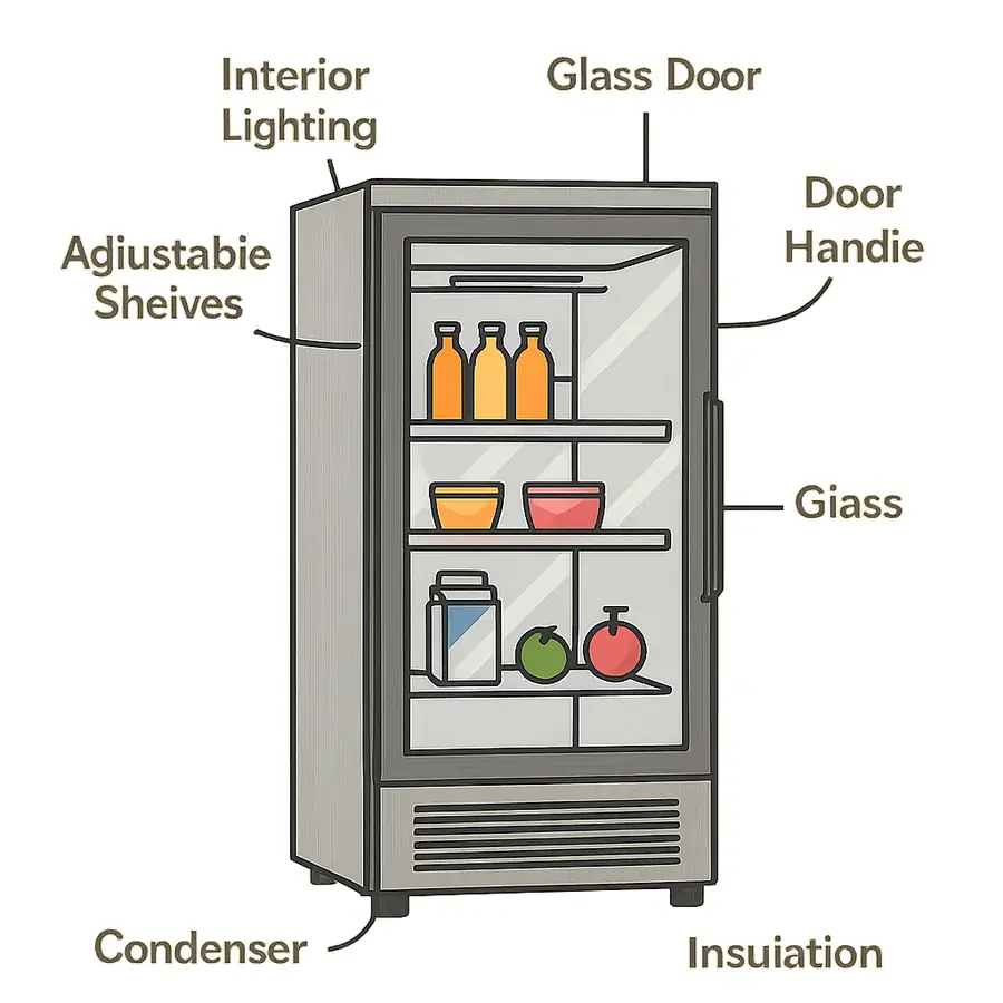 Diagram Highlighting Features of a Glass Door Refrigerator